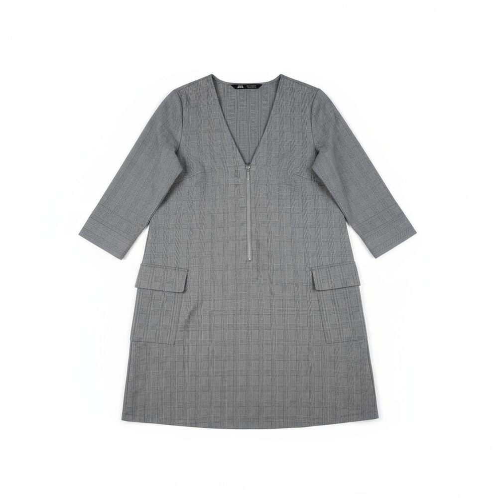 ZARA Glen Plaid V-Neck Patch Pocket Zip-Front Modern Sheath Dress - Size S - Picture 2 of 8